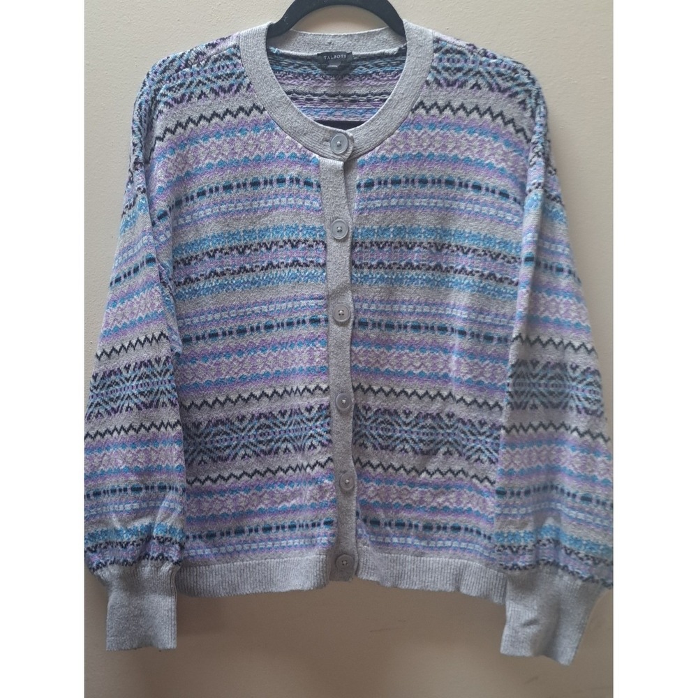 Talbots W XL Fair Isle Cardigan Purple Blue Grey Cotton Merino Blend Sweater